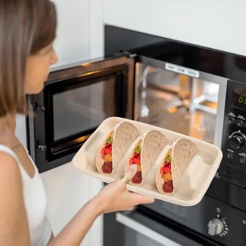 Vista 2 de Cabilock 50 platos desechables para tacos con divisores de 8.85 x 6.41 x 1.69 pulgadas, resistentes soportes para tacos para fiestas, bandeja