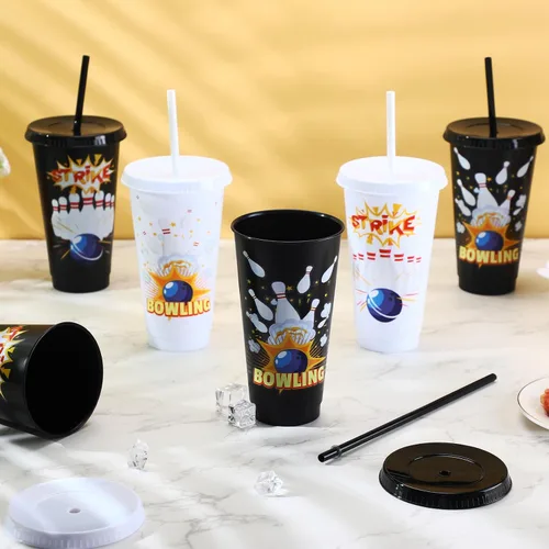 Vista 6 de 12 vasos de plástico para suministros de fiesta de cumpleaños de bolos, 24 onzas, vaso de bolos reutilizable con tapas y popotes