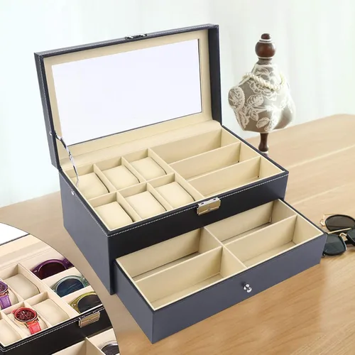 Vista 2 de YIYIBYUS Caja de 6 relojes de cuero negro y 9 piezas de almacenamiento de lentes y gafas de sol organizador de caja con cerradura para gafas de sol