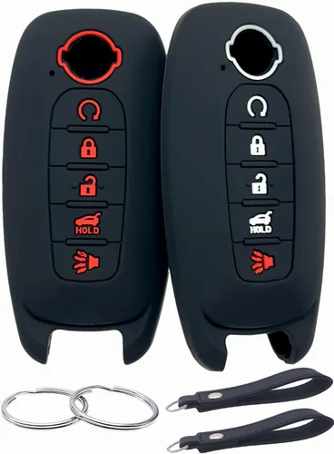 Vista 10 de REPROTECTING Funda de goma de silicona para llavero compatible con Nissan Pathfinder Rogue Kicks (5 botones, negro/rosa)