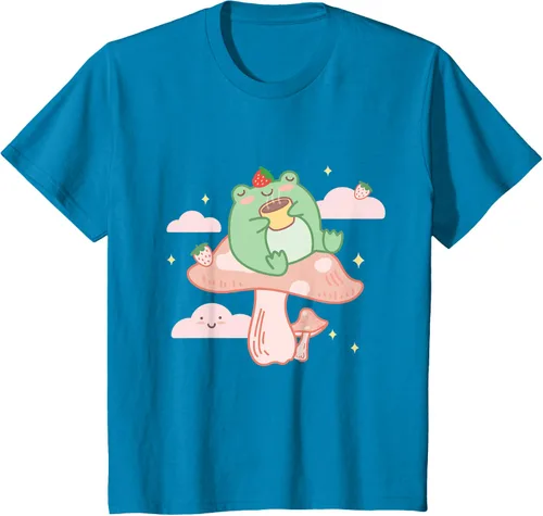 Vista 45 de Kawaii Strawberry Frog On Mushroom - Camiseta de manga corta de anime, Azul / Patchwork, S Azul Pastel