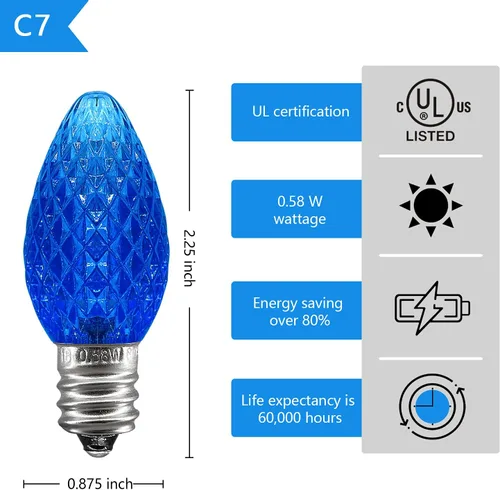 Vista 4 de caja de 25 bombillas LED C7 de repuesto para guirnalda de luces, de grado comercial, 120 V SMD LED, para bases E12