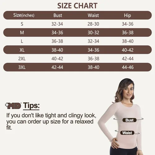 Vista 5 de +MD Camisetas de manga larga para mujer, cuello redondo de bambú, capa base ajustada, ropa interior térmica suave, compresión ligera