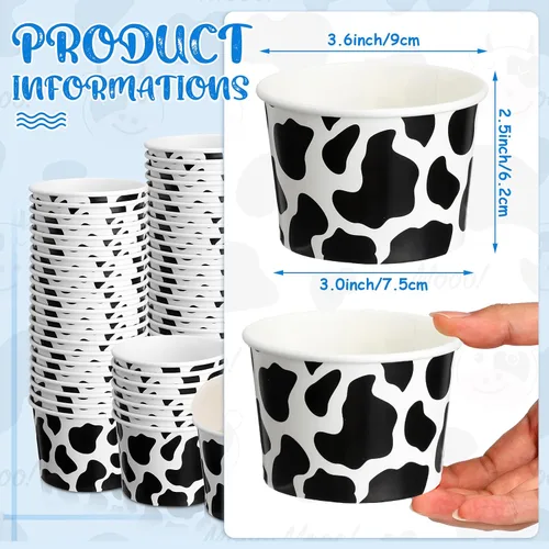 Vista 3 de 50 tazas de helado con estampado de vaca de 9 onzas, cuencos desechables de papel a granel, taza de sopa con temática de vaca, contenedor