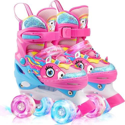 Vista 10 de Dino - Patines de ruedas para niños y niñas, WESKIFAN Dinosaur Quad Skating Shoes con ruedas brillantes y tamaños ajustables para principiantes