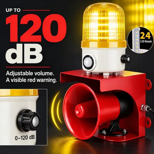 Vista 7 de Alarma con sensor de movimiento AC110V con detección humana, sirena ajustable de 120 dB y luces estroboscópicas LED ámbar, alarma de seguridad al