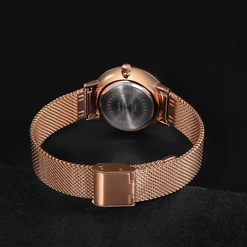 Vista 7 de Reloj de pulsera para mujer con correa de acero inoxidable, de cuarzo, a prueba de agua, Rose gold