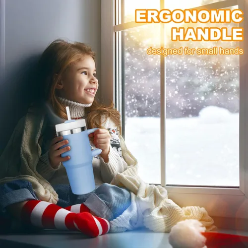 Vista 7 de Vaso de 14 oz con asa y pajita, vaso de 14 oz para niños con tapa y pajita, vasos de acero inoxidable para niños, para deportes al aire libre