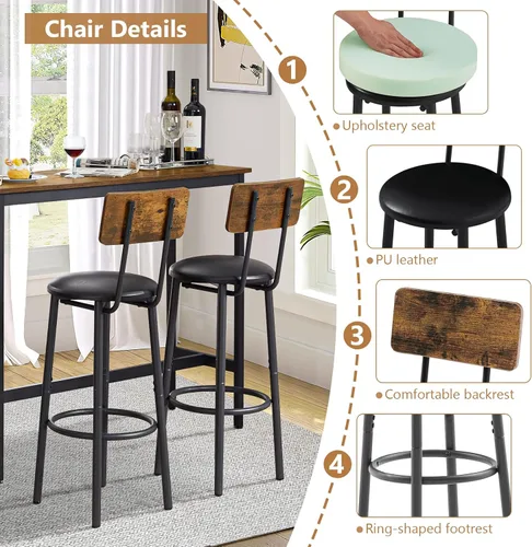 Vista 4 de Juego de mesa de bar y 2 sillas, 3 piezas para espacios pequeños, mesa de comedor rectangular para 2 mesas de bar de altura de mostrador con 2 Mesa