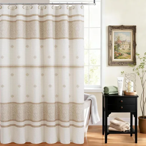 Vista 18 de Cortina de ducha de tela negra y beige, cortina de ducha con estampado de medallón vintage, cortina de baño decorativa impermeable, 72 pulgadas