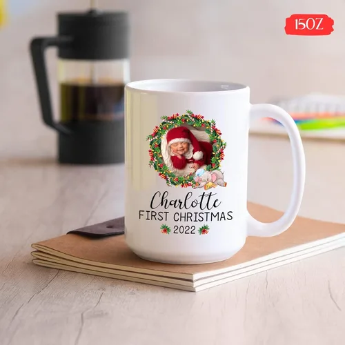 Vista 5 de Taza de fotos de bebé Navidad 2022, taza personalizada para la primera Navidad del bebé, regalo personalizado para recién nacido, taza de café
