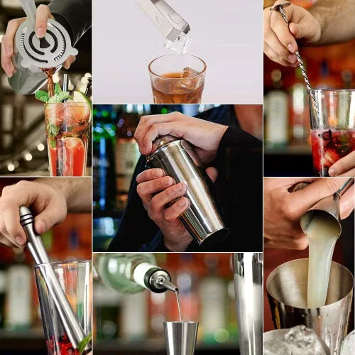 Vista 3 de Juego de coctelera, coctelera de 25.4 fl oz, juego de herramientas de barra de acero inoxidable, kit de barman con soporte de exhibición