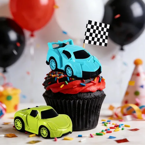 Vista 8 de Decoración para tartas de auto de carreras, 15 piezas, decoración de cumpleaños de autos de carreras, velas de cumpleaños falg a cuadros