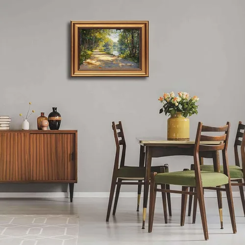 Vista 6 de Lienzo enmarcado en oro, bosque de sol, arte de pared, textura 3D, impresionista, paisaje, decoración, imagen, primavera, verano, naturaleza