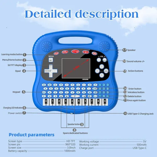 Vista 4 de Tableta de aprendizaje para niños, pantalla a color HD de 3.0 pulgadas, alfabeto, palabras, matemáticas, juegos, música, preescolar, electrónica