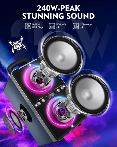 Vista 2 de YIER Altavoz Bluetooth, altavoz de fiesta de pico de 240 W con graves grandes, tiempo de reproducción de 20 horas, TWS, BT5.3, caja de auge