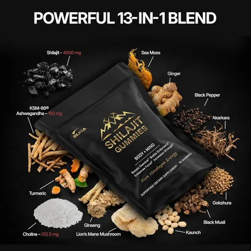 Vista 2 de DLNIA Gomitas de Shilajit con Ashwagandha, Musgo de Mar, Cúrcuma - Shilajit del Himalaya Orgánico, Sin Azúcar y Apto para Veganos para Hombres