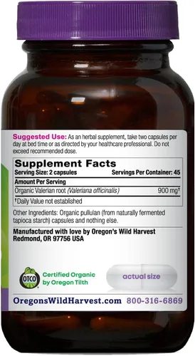 Vista 2 de Oregon's Wild Harvest, Valeriana orgánica certificada, ayuda a base de hierbas, 900 mg, 90