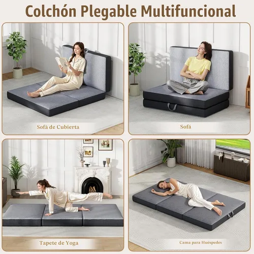 Vista 6 de Colchón triple tamaño Queen de 6 pulgadas, colchón plegable de espuma viscoelástica, parte inferior antideslizante, funda lavable con asas, cojín