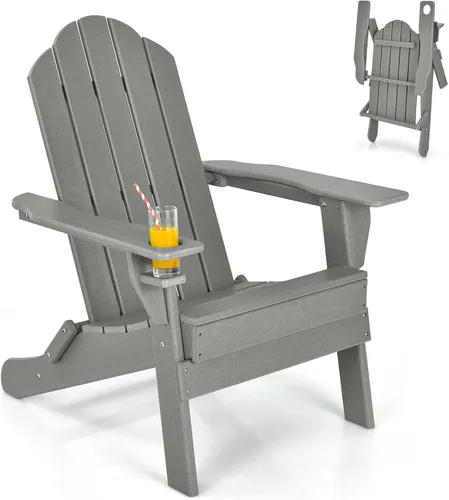 Vista 16 de Giantex Adirondack - Silla plegable para exteriores, silla de patio resistente a la intemperie de HDPE con soporte integrado para tazas, silla
