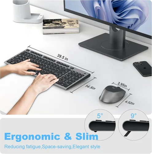 Vista 5 de FENIFOX - Teclado y mouse inalámbricos recargables, con teclado numérico, color gris Quiet Silent, Slim Thin Flat Low Profile Soft Key, USB C