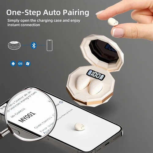 Vista 5 de Auriculares para dormir de lado, mini Bluetooth inalámbrico invisible 5.4, auriculares para dormir con pantalla LED, auriculares pequeños