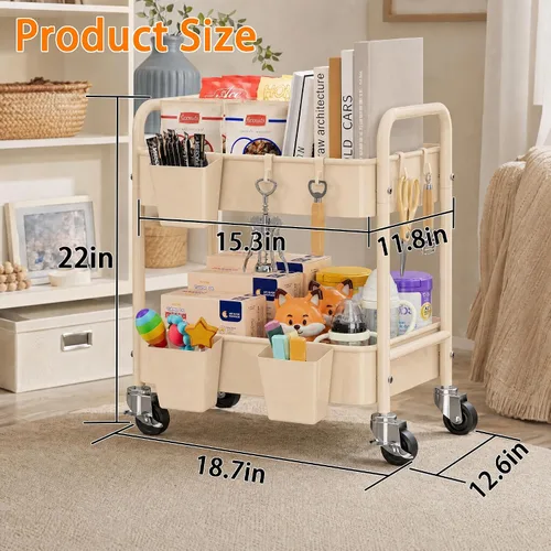 Vista 8 de Carrito pequeño de 2 niveles beige con ruedas, carrito de pañales para artículos esenciales para el cuarto de bebé, carrito de metal para debajo