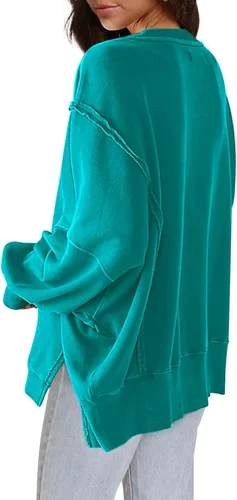 Vista 3 de Nirovien Sudadera de gran tamaño con cuello redondo para mujer, con abertura lateral, manga larga, ajuste holgado