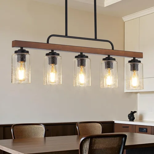 Vista 11 de Lámpara de Comedor Estilo Granja Sobre Mesa, Iluminación de Isla de Cocina de Madera Negra de 4 Luces con Vidrio Blanco Leche, Luces Colgantes