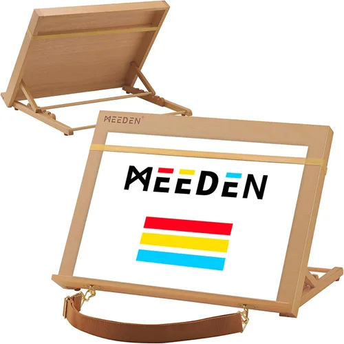 Vista 8 de MEEDEN Caballete de mesa A2 de madera para pintar, tablero ajustable de dibujo y boceto de 5 posiciones con correa para el hombro, caballete