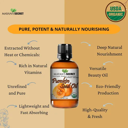 Vista 5 de Mayan's Secret Aceite de semilla de calabaza certificado por USDA orgánico prensado en frío virgen, hidratante natural para cabello seco, piel