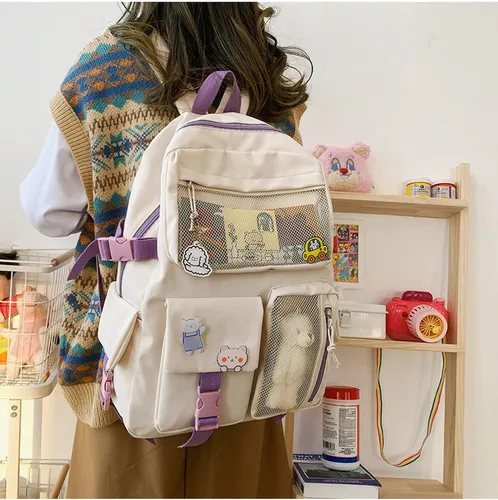 Vista 2 de HUAFOOK Mochila Kawaii con Pin Kawaii Lindos Accesorios, Mochila Kawaii Niña Bonita Mochila Estética, Beige, Mochilas Daypack