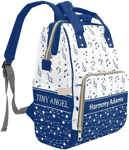 Vista 3 de Mochila para pañales personalizada, regalo con nombre, notas musicales, estrellas, azul oscuro, bolsa de viaje versátil: gran capacidad y múltiples