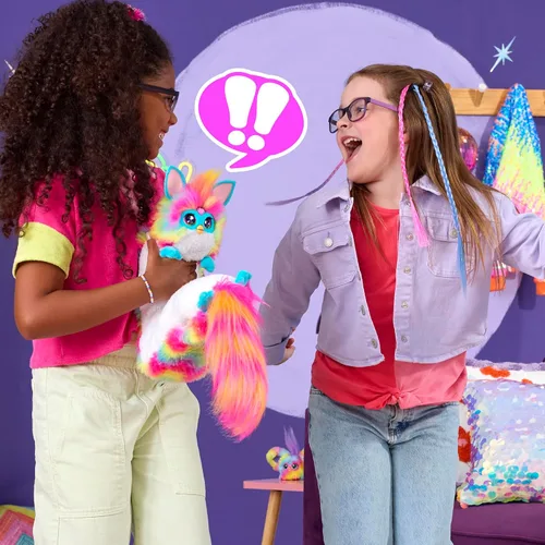 Vista 10 de FURBY Juguete Interactivo DJ, Peluche Electrónico Súper Suave Arcoíris con Música, Luces, Movimiento y Juegos, Habla Inglés y Furbish, 32 Pulgadas