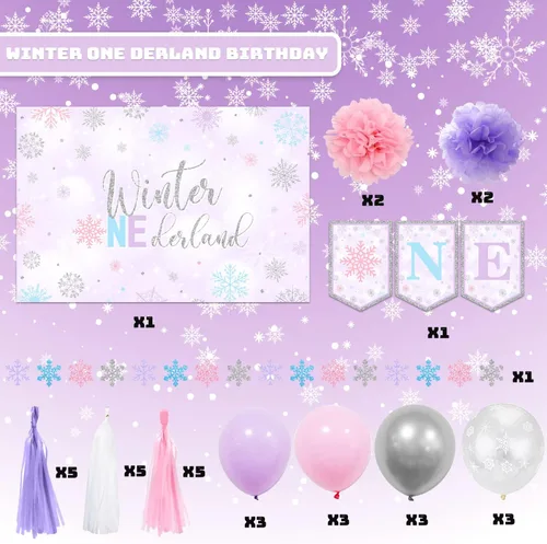 Vista 3 de Decoraciones de cumpleaños de invierno Onederland para silla de bebé, cartel de primer cumpleaños para niñas, decoración para silla de bebé