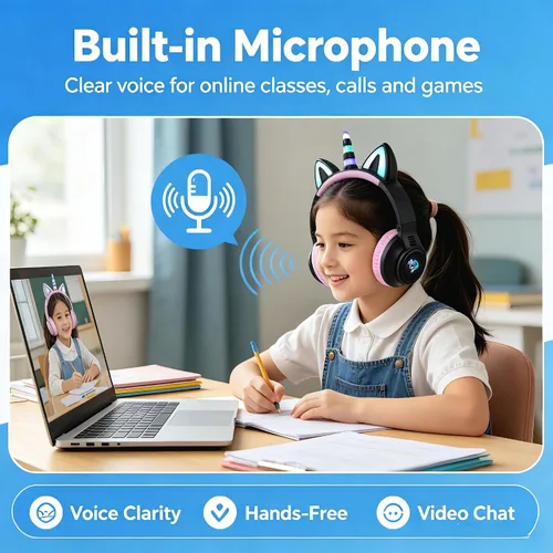 Vista 6 de Unicornio Bluetooth Niños Auriculares Plegables para Niñas (Negro)