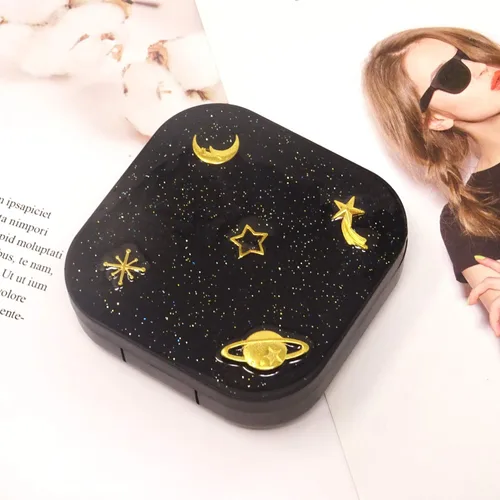 Vista 6 de Honbay Fashion Planet Estuche para lentes de contacto portátil Kit de caja de lentes de contacto con espejo (cuadrado)