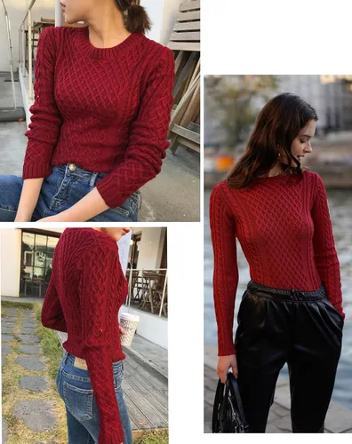 Vista 4 de v28 - Suéter elástico de punto trenzado con cuello redondo y manga larga para mujer
