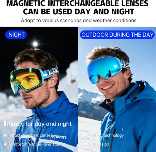 Vista 2 de Whale 2027 New Magnetic-Closure Ski Goggles, 2 Interchangeable Lenses/Night Skiing Light-Enhancing Lens, Anti-Fog, Unisex Azul