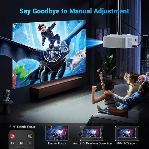 Vista 3 de Mini proyector portátil con enfoque eléctrico, proyector NICPOW Full HD 1080P, proyector de películas Bluetooth con Keystone automático, Bluetooth