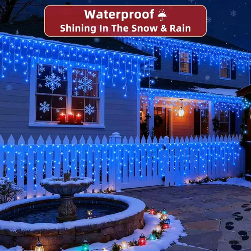 Vista 5 de 504 luces LED de Navidad para exteriores de 50 pies con 112 gotas, decoraciones de Navidad, luces colgantes de 12 modos, luces regulables para Azul
