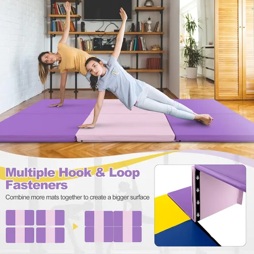 Vista 4 de Goplus Esterilla de Gimnasia Plegable, 6' x 2' x 2'' de Grosor Tri-Fold Esterilla de Ejercicio y Volteretas con Asas de Transporte, Cierre de Gancho