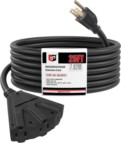 Vista 21 de EP Cable de extensión para exteriores de 6 pies, 16/3 SJTW, 3 tomas de corriente eléctrica, negro Enchufe a tierra de 3 puntas, para luces