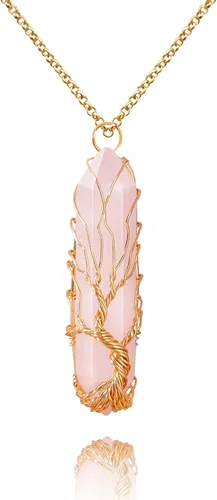 Vista 15 de VIBILIA - Collar con dije sanador para mujeres y hombres, piedra natural hexagonal en punta envuelta con alambre en forma del árbol de la vida