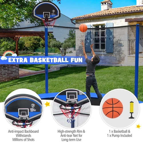 Vista 6 de GYMAX Trampolín para niños, aprobado por ASTM de 12 pies, 14 pies, 15 pies, 16 pies, trampolín recreativo para niños pequeños con red de cierre, aro