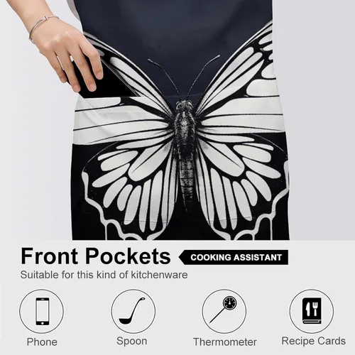 Vista 5 de MUSM A Black And White Butterfly Apron，Classic Vintage Funny with Pockets Aprons,Adjustable Bib Waterdrop Resistant for Kitchen Cooking Restaurant