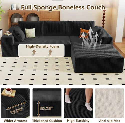 Vista 4 de Sofá seccional modular de 96", sofá en forma de L tipo nube sin estructura con chaise lounge, tapizado de pana con asiento profundo de espuma Negro