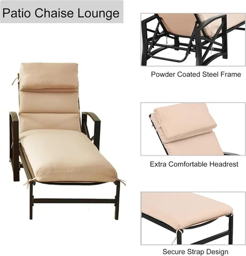 Vista 4 de LOKATSE HOME - Silla reclinable con cojín y almohada suave para piscina, cubierta, patio, color caqui