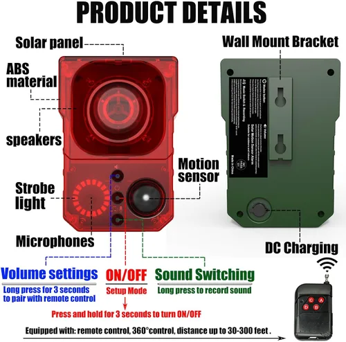 Vista 5 de Alarma de Sensor de Movimiento Solar para Exteriores - Alarma de 129dB, Grabación, Sirena, Ladrido de Perro y Detonación. Con Control Remoto, Sensor