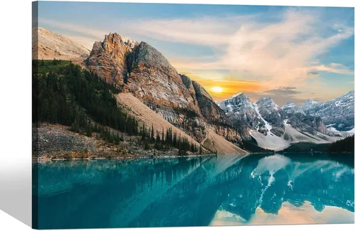 Vista 14 de SD SOFT DANCE - Lienzo de pared con paisaje del lago natural: arte de la naturaleza con escena de atardecer, bosque y montañas, pintura panorámica